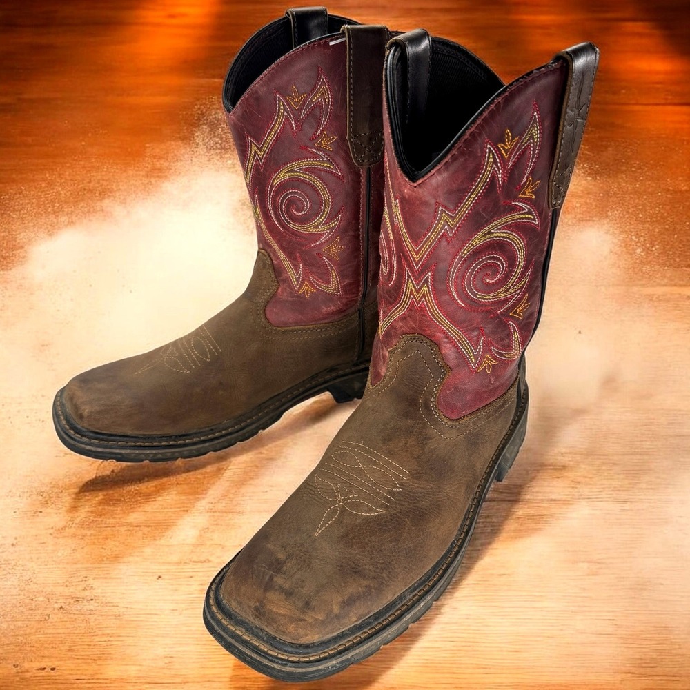 Georgia Boot Carbo Tec Western Work Boot Kids 6.5M Brown Red Pull On Square‎ Toe